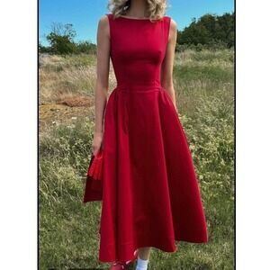 Helsa Red Stretch Cotton Sateen Midi Dress Boat Neck Scoop Back A-Line Retro- S